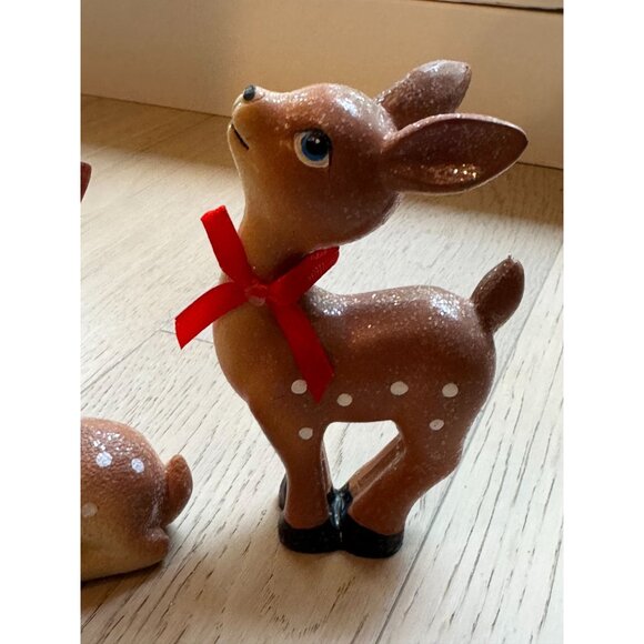 Vintage Ceramic Fawn Deer Figurines With Red Bows & Glitter Accents CUTE festive - Picture 7 of 8